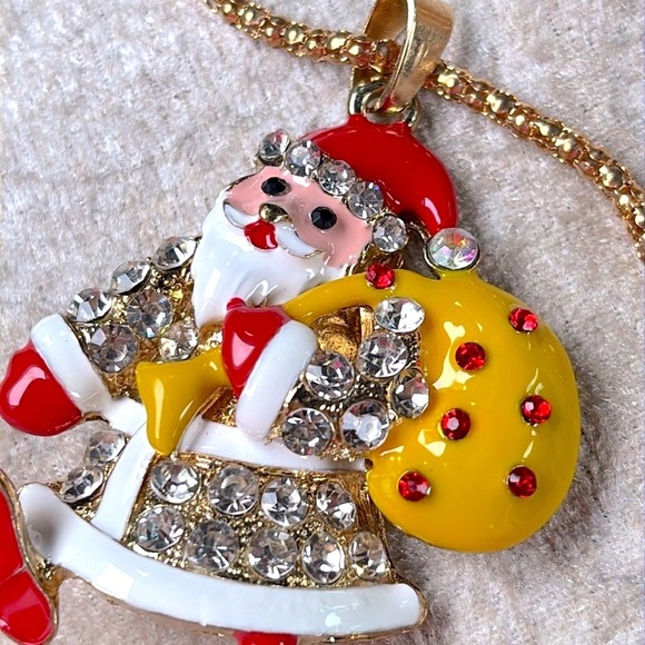 Betsey Johnson Crystal Santa Claus Christmas Gold Tone Long Chain Necklace - Picture 7 of 11